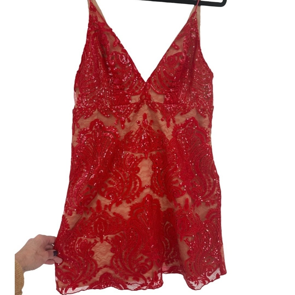 NWT Free People Night Shimmers Mini Dress Red Lace Sequin V Neck Size 10 Glam - Picture 12 of 16